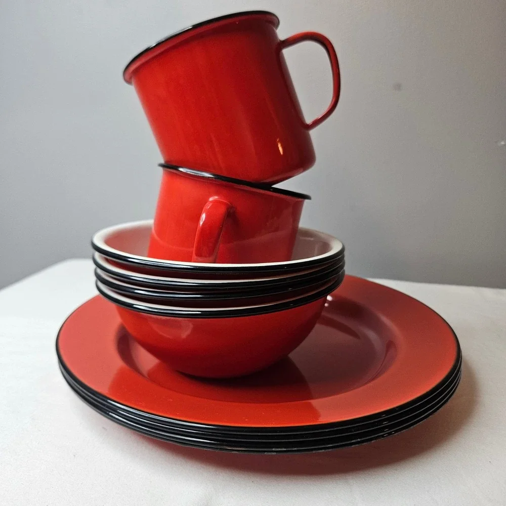 Vtg Red Enamelware 10 Piece Dinnerware Set Camping Plates Bowls Mugs Black Trim